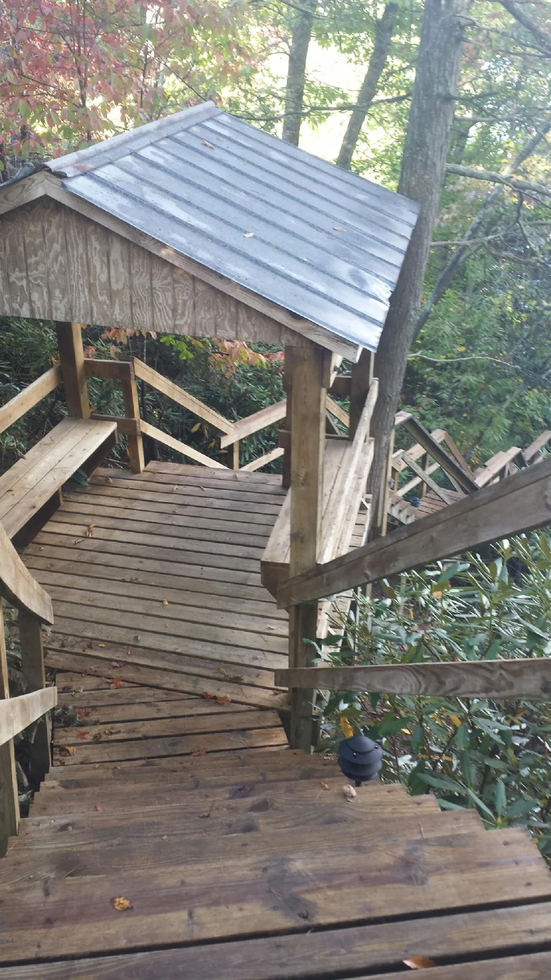 Metal roofed shelter over wooden steps on a wooded walkway — Skylight Repair & Installation work by our crew in Larimore